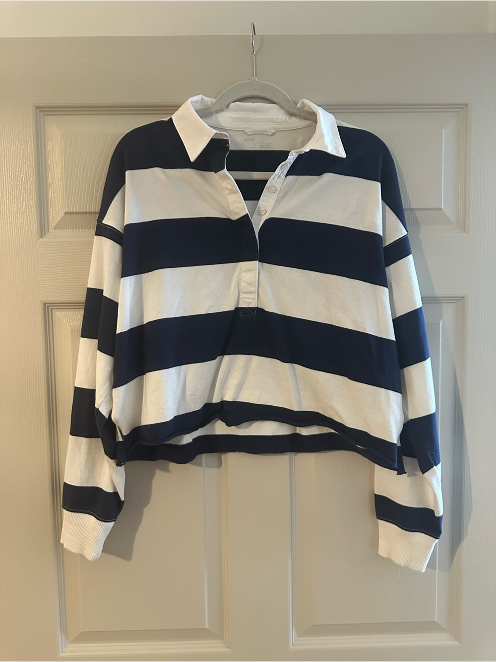 aerie White and Navy Striped Cropped Rugby Top
